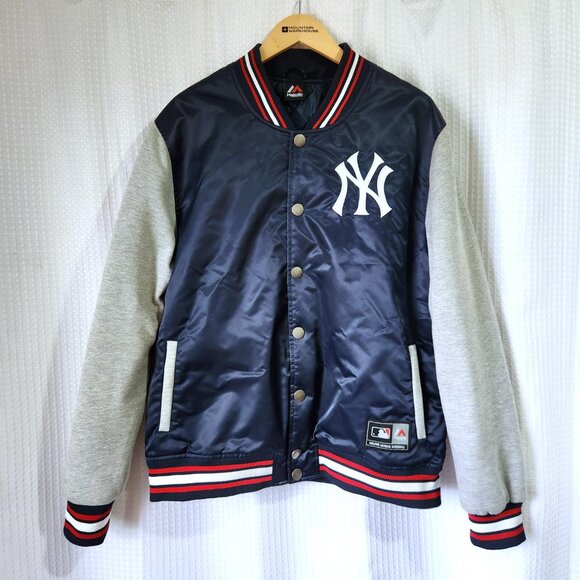 New York Yankees Bomber Jacket Men's Size XL Majestic Athletic MLB Blue & Grey - Picture 1 of 12